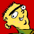Pixelated cartoon character head with exaggerated facial features on solid red background, yellow skin tone, black hair outline, and green clothing visible at bottom edge.