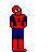Pixelated Spider-Man icon in red and blue costume with white eyes, shown in multiple poses including standing, aiming web-shooters, and crouching against gray background.