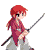 Pixel art character with red hair and maroon top performs sword swing animation against gray background.