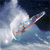 Pixelated static image of a surfboard with motion blur against a blue gradient background, appearing to ride a wave.