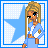 Pixelated character with blonde hair in a high ponytail, wearing blue jacket and white shirt, standing against light blue star background.