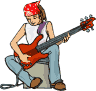 A cartoon character with a red bandana plays an electric guitar while seated on a stool, shown in multiple sequential poses.