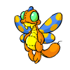 Animated orange insectoid creature with blue-and-yellow spotted wings, green eyes, and a yellow belly holding an egg-like object.