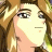 Pixelated anime-style character with long brown hair and light skin, side profile facing right against black background with white text.