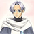 Pixelated image of a person with short gray hair, light skin, and blue eyes wearing a black turtleneck under a white and gray striped garment against a pale pink background.