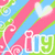 Pixelated icon with diagonal pink, blue, and green stripes; white outlined 'i' and 'y' letters in lower center; light blue heart shape near top right; decorative swirls on left side.