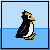 A 4x4 contact sheet of pixel art penguin animation frames showing various poses and expressions against a light blue background with waterline detail.