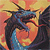 A pixelated dragon with dark blue and black scales, red accents, and a glowing orange core, set against a warm-toned gradient background.