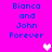 Pixelated text 'Bianca and John Forever' on bright pink background with white heart in center, transitioning to light pink heart.
