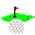 Pixelated golf scene with green grass, red flag on black pole, and white ball in various states of motion or position.