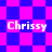 Pixelated text 'Chrissy' appears four times on a shifting blue and pink checkered background with diamond-shaped patterns.