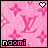 Pink patterned background with repeating 'LV' monogram and four-pointed star motifs, white pixelated heart in top-right corner, 'naomi' text in black block letters at bottom-left.