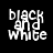 Pixelated text 'black and white' appears in three distinct arrangements across a black background with one gray