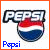 Pixelated Pepsi logo with red white and blue globe, 'PEPSI' text above, and 'Pepsi' text below in different colors on orange and blue borders.