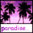 Animated sequence of palm tree silhouettes against a purple-pink gradient sky with 'paradise' text and star symbols in white rectangles.