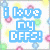 Pixelated image with four distinct sections: top-left text "i love ny OFFS!", top-right names in green, bottom-left red text "WE ARE JDFFSS" surrounded by colored dots.