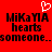 Red background with black pixelated text reading "MiKAYA hearts someone...someone..." and a white pixelated heart symbol above the text.