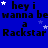 Blue background with repeated text 'hey i wanna be a Rockstar' and scattered white stars, some of which move across the frame.