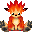 Pixelated orange fox-like creature with flame-topped head, seated on rocky terrain, displaying multiple facial expressions and hand gestures