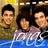 Three pixelated figures stand in front of a blue water-like background with white wave patterns, wearing brown and purple clothing against a yellow and brown backdrop.