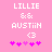 Pixelated pink background with white text 'LILLIE & AUSTIN' and a heart symbol, surrounded by purple hearts.