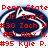 A static digital image displays a blue and white circular logo with red text listing names and numbers over it.
