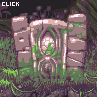 Pixel art of a stone archway with green moss, surrounded by foliage and mushrooms under dark background.