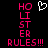 Pixelated pink text 'HOLLISTER RULES!!!' on black background with white heart symbol above left side of text.