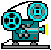 Pixelated film projector icon with cyan reels, teal body, yellow light beam, and red square detail on base.