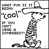 Black-and-white cartoon tiger wearing sombrero, seated, with text "WHAT FUN IS IT BEING 'COOL' IF YOU CAN'T WEAR A SOMBRERO?" in four