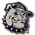 Pixelated circular icon with abstract dark blue and beige patterns resembling a stylized face or mask with curved lines and irregular shapes.