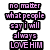 Pixelated text reads "no matter what people say i will always LOVE HIM" with four pastel hearts and red letters on white background.