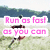 A person runs across a grassy field with text overlays changing sequentially in pink font.