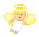 Pixelated angel figure with blonde hair, white dress, yellow wings and halo; left version has open eyes, right version has closed eyes.
