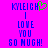Pixelated text on bright pink background with blue letters and green heart symbol replacing 'O' in name.