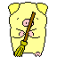 Four pixelated yellow hamster-like characters with pink noses and feet hold brown brooms with green bristles against a gray background.