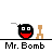 Animated sequence showing Mr. Bomb character interacting with a stick figure, then exploding into smoke and fire.