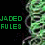 Pixelated green and black image with text elements on left and right sides, featuring a central abstract shape.