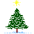 Pixelated green Christmas tree with white snow patches, red trunk, and blue ground pixels under a yellow star on gray background.