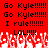 Red background with black pixelated text repeating 'Go Kyle!!!!!!', 'I rule!!!!!!', and 'LOL!!!!' in a pattern above a white pixelated explosion effect
