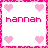 A 48x48 pixel animated buddy icon featuring the name 'hannah' in pink text surrounded by heart symbols, displayed as a two-frame contact sheet with varying heart colors and brightness.