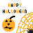 Pixel art Halloween-themed icon with orange pumpkin, spider web, and spider; text 'HAPPY HALLOWEEN' in yellow and black.