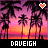 Pixelated sunset scene with palm trees, two heart icons above the horizon, and text at the bottom.
