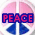 A static image with four distinct sections: a pink and blue peace symbol, a purple heart with 'LOVE', a black-and-white flower-like shape, and an empty gray area.