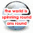 six distinct pixelated images with overlaid text, each depicting a different scene or symbol