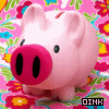 Pink piggy bank with black eyes and nostrils stands against colorful floral background; text 'OINH' appears at bottom left in black and white pixels.