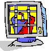 A cartoon figure in a blue and red outfit appears behind yellow bars on a computer monitor screen, with arms moving through different positions across frames