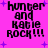 Pixelated text on a bright pink background with purple starbursts, displaying 'hunter and Katie ROCK!!!' in four identical