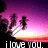 Pixelated image of two silhouetted figures standing on a white platform against a purple-pink gradient sky with text "i love you." at the bottom.
