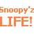 A 3x3 contact sheet of Snoopy-themed animated frames with orange text overlays on yellow and white backgrounds, showing different poses and events from the Peanuts comic strip.